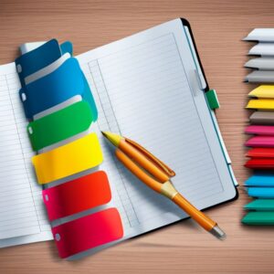 Cuaderno abierto con bolígrafo y pestañas de colores mostrando 10 formas de usar tu diario personal para autoayuda.
