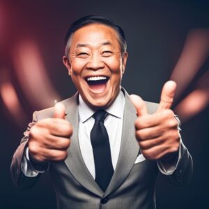 Hombre con traje y gran sonrisa mostrando dos pulgares arriba, transmitiendo confianza y energía sobre Cómo utilizar el humor de manera efectiva al hablar en público.