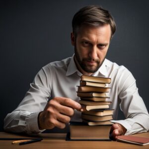 Hombre concentrado apilando libros mientras busca consejos efectivos mejorar habilidad resolucion problemas logica.