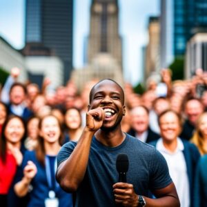Orador sonriente con micrófono frente a una multitud alegre demostrando Consejos para usar el humor en presentaciones de manera efectiva