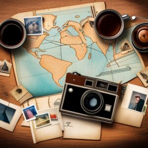 Diario de viaje: documenta tus experiencias de forma única con mapa mundial, cámara vintage y fotos polaroid sobre una mesa de madera.