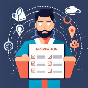 Hombre ilustrado sosteniendo una lista de verificación con iconos alrededor; Entrena tu memoria y recuerda nombres y ocupaciones.