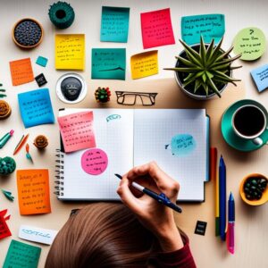 Ideas para escribir en tu diario personal - Tips y ejemplos: libreta abierta cuadriculada sobre un escritorio con notas adhesivas coloridas, bolígrafos, una taza de café, una planta y una mano escribiendo.