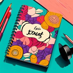 Cuaderno espiral con portada colorida y lápices sobre mesa turquesa, ideal para Los 10 mejores ejercicios de escritura para un diario creativo