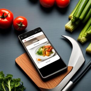 Smartphone con pantalla que muestra una receta sobre una tabla de madera, rodeado de tomates, hierbas y un cuchillo, La mejor forma de recordar recetas y ingredientes de cocina.