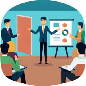 Presentador profesional frente a un rotafolio con gráficos y una audiencia tomando notas; Mejora tu presentación con repeticiones y recapitulaciones.