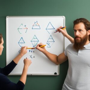 Métodos para mejorar tus habilidades matemáticas: álgebra y geometría con un profesor y estudiante resolviendo figuras geométricas y ecuaciones en una pizarra blanca.