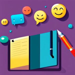 Cuaderno abierto con lápiz y emoticonos coloridos que inspiran Preguntas para explorar emociones y pensamientos en tu diario.