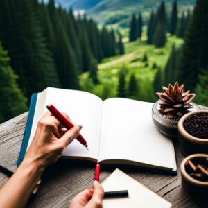 Reflexiona sobre tu vida con un diario personal mientras una mano escribe con un bolígrafo rojo en un cuaderno abierto sobre una mesa junto a plantas y vistas de un valle boscoso.