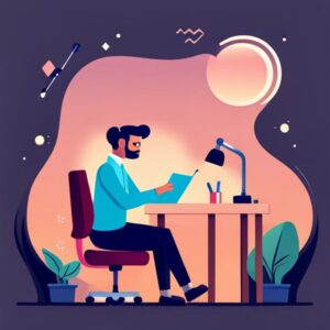 Hombre sentado en un escritorio leyendo documentos, reflexionando sobre tu progreso profesional con un diario personal.