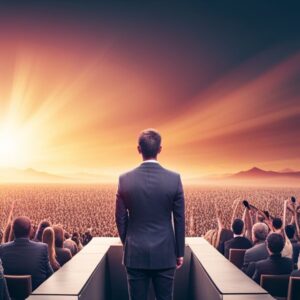Hombre de espaldas en traje sobre un escenario frente a una multitud al amanecer, simbolizando Superar miedo escénico: 5 consejos eficaces para hablar en público.