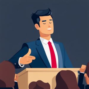Hombre orador en traje azul y corbata roja hablando desde un podio frente a una audiencia, mostrando Técnicas efectivas para persuadir e influir en tu discurso público.