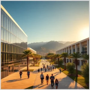 Camino central del campus con palmeras, edificios modernos y estudiantes al atardecer, Universidad de Almería (UAL): miles lamentan no elegirla a tiempo