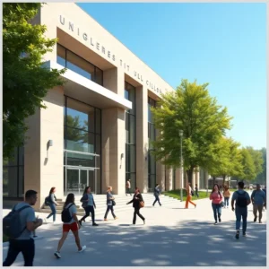 Edificio universitario moderno con fachada de piedra y vidrio, árboles y estudiantes caminando por el campus — Universidad de Lleida (UDL): lo que perdió quien ignoró esta oportunidad