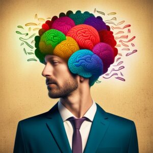 Hombre de traje con un cerebro multicolor como peinado que sugiere creatividad y memoria, Usa la técnica de la rima para recordar información de manera eficaz.